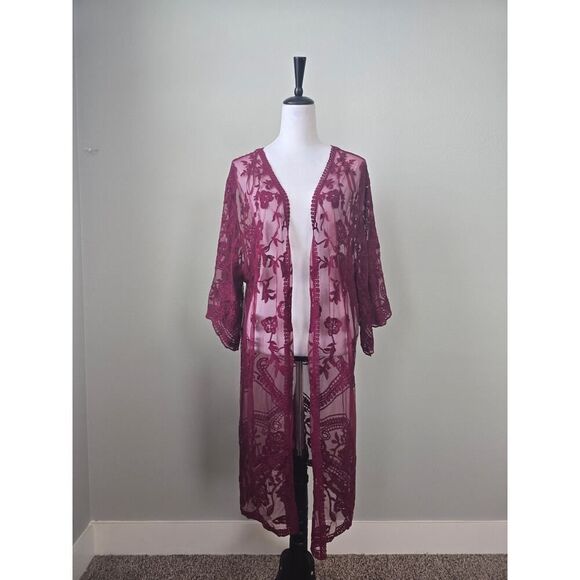 She + Sky Burgundy Lace Kimono S/M – Boho Floral Mesh Embroidered Cover Up - Picture 1 of 8